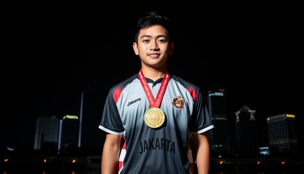 A Jakarta bowler proudly displaying their gold medal, captured in a dynamic, high-contrast photograph. The athlete stands in the foreground, their uniform emblazoned with the Jakarta crest, their expression one of triumph and determination. The background features the iconic skyline of Jakarta, with the silhouettes of skyscrapers framing the scene. Dramatic lighting casts dramatic shadows, heightening the sense of power and achievement. The image conveys the skill, dedication, and success of Jakarta's top bowling talents, ready to compete and bring glory to their city.