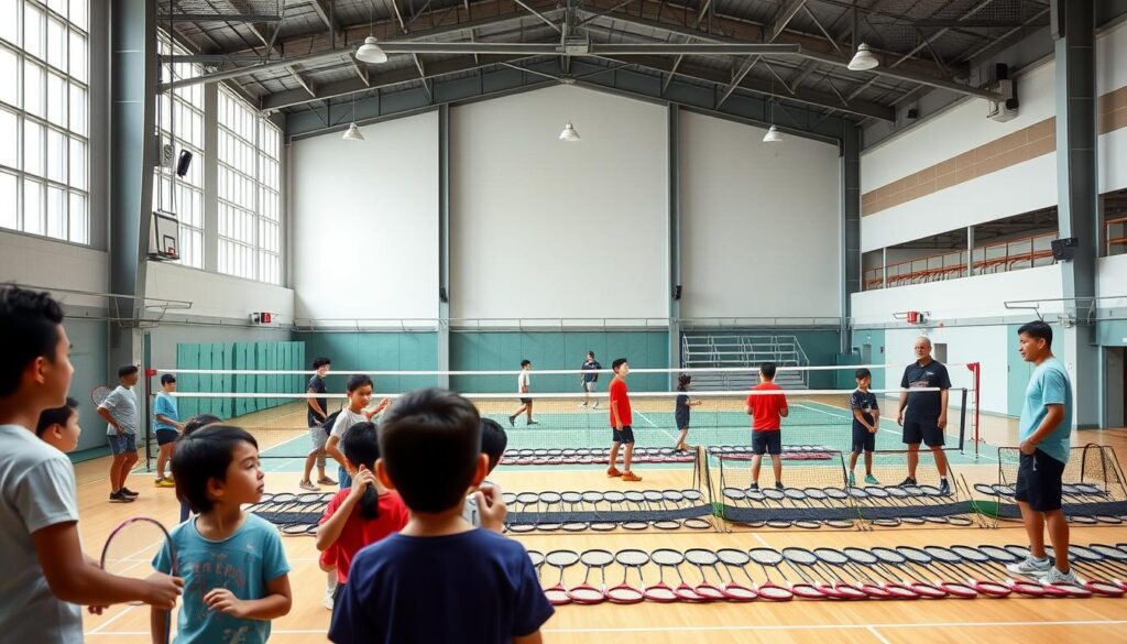 A bustling badminton court, bright with natural light filtering through high windows. In the foreground, a group of young players, their faces filled with determination, as they engage in a lively practice session. Skilled coaches observe their form, offering guidance and encouragement. In the middle ground, rows of neatly organized equipment, including rackets, shuttlecocks, and training aids, all meticulously prepared for the upcoming junior tournament. The background showcases a modern, well-equipped facility, its sleek design and state-of-the-art features hinting at the high-level of competition to come. An atmosphere of focused intensity and anticipation permeates the scene, as the organizers work tirelessly to ensure a seamless and memorable event for the up-and-coming badminton stars.