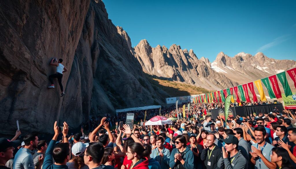 A bustling crowd of enthusiastic rock climbers and spectators fills a picturesque outdoor arena, set against the backdrop of a rugged, towering rock face. Colorful banners and flags wave in the crisp mountain air, creating an electric atmosphere of anticipation and support. In the foreground, athletes scale the sheer rock wall with nimble precision, their chalk-covered hands and concentrated expressions conveying the intensity of the competition. Mid-ground, spectators cheer and applaud, their faces alight with excitement. The scene is illuminated by warm, natural lighting that casts dramatic shadows and highlights the textural details of the rocky landscape. An overall sense of community, passion, and shared triumph permeates the frame.