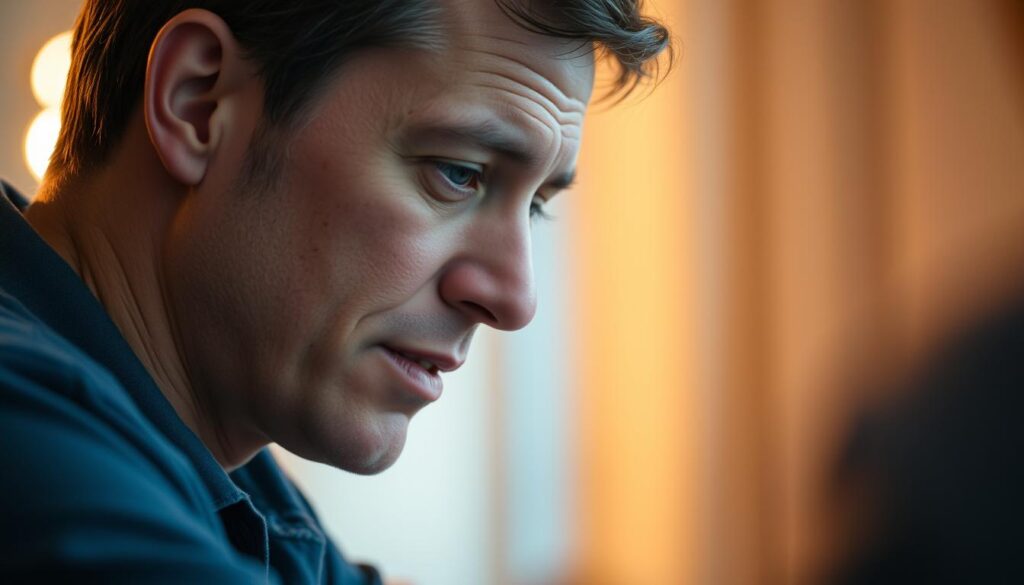 A close-up portrait of a thoughtful person deeply engaged in conversation, their face illuminated by warm, diffused lighting. The background is blurred, creating a sense of focus and intimacy. The subject's expression conveys a genuine interest and attentiveness, their body language open and leaning forward, creating an atmosphere of mutual understanding and effective communication. The image suggests the importance of active listening, empathy, and the ability to articulate one's thoughts clearly during a meaningful dialogue.