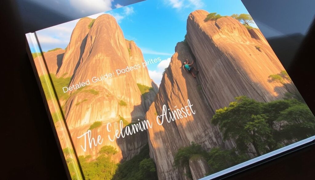 A detailed guidebook featuring a stunning photograph of a towering limestone cliff, the centerpiece of Indonesia's natural climbing terrain. The book's cover showcases the iconic vista, captured through a wide-angle lens that emphasizes the cliff's majestic scale and the lush, verdant surroundings. Warm, golden sunlight bathes the scene, casting dramatic shadows that accentuate the rock formations' textures and crevices. In the foreground, a climber clings to the wall, their vibrant safety gear and athletic pose adding a sense of adventure and exploration. The overall composition conveys the awe-inspiring beauty and challenge of Indonesia's premier climbing destinations, inviting readers to embark on their own outdoor excursions.