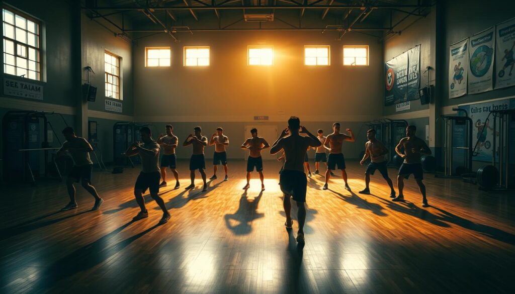 A dimly lit gymnasium, filled with the determined energy of athletes engaged in an intensive training regimen. In the foreground, a group of muscular young individuals perform a series of dynamic stretches and calisthenics, their faces etched with concentration. Surrounding them, state-of-the-art exercise equipment stands ready, casting long shadows across the polished wooden floor. The walls are lined with motivational posters and banners, their bold colors and inspirational slogans radiating a sense of purpose. Overhead, a warm, golden light filters through high windows, illuminating the scene with a sense of focus and intensity. The atmosphere is one of dedication, discipline, and the relentless pursuit of excellence - a reflection of the "Program Latihan Intensif" for the Sea Games 2025 athletes.