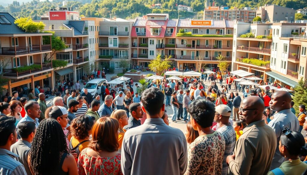 A diverse, thriving community engaged in civic participation, thoughtful discourse, and collaborative problem-solving. In the foreground, citizens of varying backgrounds gather around a central podium, engaged in lively discussions. The middle ground features a vibrant town square, bustling with activity - people exchanging ideas, working together on community projects, and enjoying shared public spaces. In the background, modern, well-designed buildings with green spaces and sustainable infrastructure symbolize the progressive, forward-thinking nature of this civil society. Warm, natural lighting casts a hopeful glow, evoking a sense of unity, empowerment, and a shared vision for a better future.