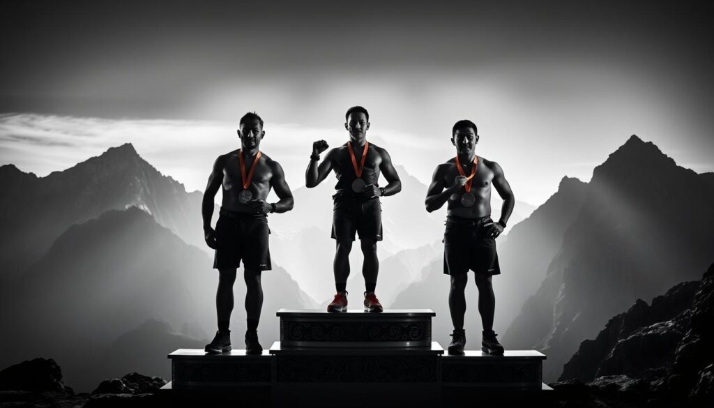 A dramatic, high-contrast image of a podium with the victorious climbers, set against a backdrop of rugged mountain peaks. In the foreground, three athletes proudly display their hard-earned medals, faces etched with triumph. Dramatic lighting casts deep shadows, accentuating the climbers' muscular physiques and the gleam of the medals. The middle ground features the ornate, tiered podium, its reflective surfaces mirroring the climbers above. In the distant background, a majestic mountain range rises, its jagged silhouette framing the scene. The overall atmosphere conveys the intensity, skill, and prestige of the climbing competition.