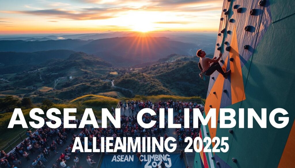 A dynamic climbing wall set against a striking ASEAN landscape, showcasing the growth and impact of the upcoming Asean Climbing 2025 event. In the foreground, a skilled climber ascends the textured, multi-colored wall, their movements captured in a mid-air pose. The middle ground reveals a diverse crowd of spectators, their faces filled with excitement and anticipation. In the background, a panoramic view of lush, rolling hills and a vibrant sunset sky set the scene, highlighting the natural beauty of the ASEAN region. Crisp, high-contrast lighting illuminates the climber and the wall, creating a sense of drama and intensity. Shot with a wide-angle lens to capture the scale and grandeur of the event.