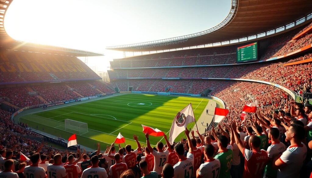 A large, colorful stadium with stadium seating and a lush green pitch in the center. The stadium is illuminated by warm, natural lighting, casting long shadows across the field. The scoreboard and digital display boards are prominently featured, showcasing the league standings and upcoming match schedules. In the foreground, a group of enthusiastic fans in team jerseys cheer and wave flags, creating an atmosphere of energy and excitement. The overall scene conveys the grandeur and anticipation of a major soccer league event.
