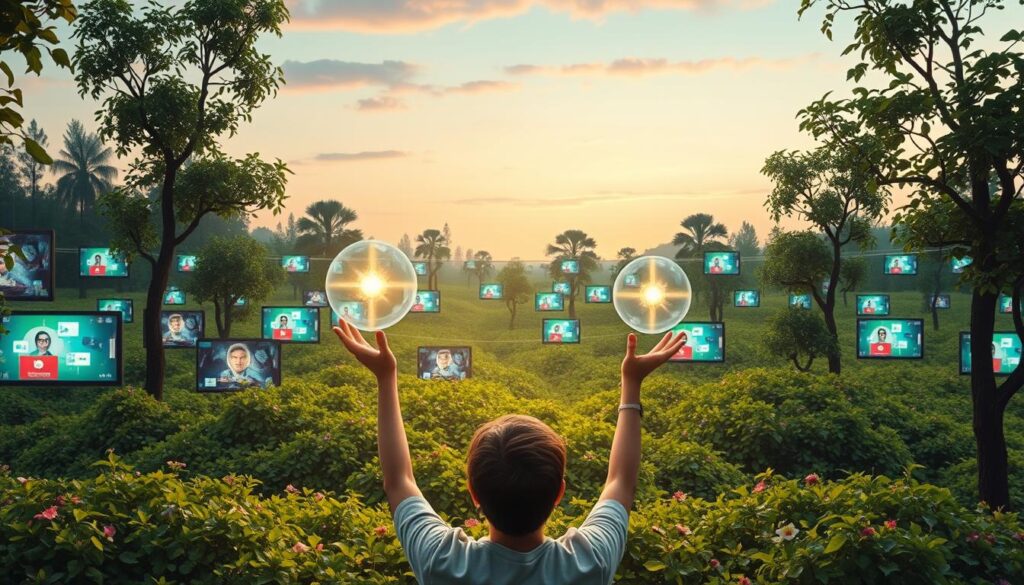 A lush, digital landscape where social media platforms bloom like verdant fields. In the foreground, a person tending to their "aura farming" - the mindful cultivation of positive digital energy, their hands outstretched towards glowing, ethereal orbs. The middle ground features a tapestry of interconnected screens, displaying vibrant, ever-changing digital content. In the background, a serene, pastel-hued sky frames the scene, hinting at the peaceful harmony between the physical and digital realms. Soft, diffused lighting casts a warm, contemplative glow over the entire composition, conveying the meditative essence of this "digital gardening" practice.