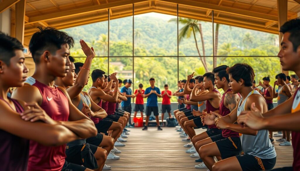 A meticulously crafted scene of Southeast Asian athletes preparing for the upcoming SEA Games competition. In the foreground, a diverse group of determined individuals stretch and warm up, their muscular frames and focused expressions conveying their dedication. The middle ground reveals a state-of-the-art training facility, with coaches guiding the athletes through drills and exercises, the atmosphere charged with a sense of camaraderie and competitive spirit. In the background, the lush, verdant landscape of the host country, Thailand, serves as a picturesque backdrop, hinting at the tropical setting of the games. Warm, golden lighting casts a radiant glow, capturing the optimism and anticipation of the athletes as they embark on their journey towards glory.