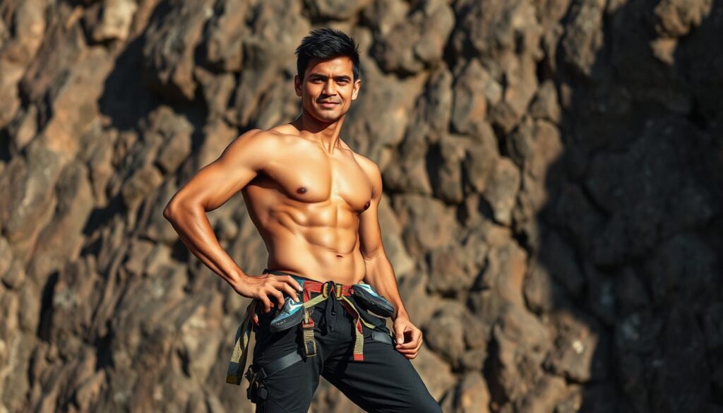 A portrait of an Indonesian rock climber standing confidently on a rocky outcrop, their muscular physique and determined expression revealing their athletic prowess. Dramatic side lighting casts deep shadows, accentuating the climber's chiseled features and highlighting the rugged textures of the rock face behind them. The climber's climbing harness, chalk bag, and specialized shoes indicate their specialized training and equipment. The scene conveys a sense of power, focus, and the thrill of the sport.