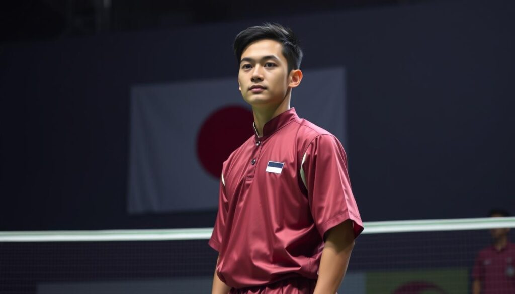A professional badminton player in traditional Indonesian uniform, standing confidently on a badminton court with a backdrop of the Japanese flag. The athlete's expression is focused and determined, conveying the intensity of the Japan Open competition. Soft, dramatic lighting illuminates the scene, creating a sense of anticipation and high-stakes competition. The image captures the essence of Indonesia's top badminton talent representing their country on the global stage.