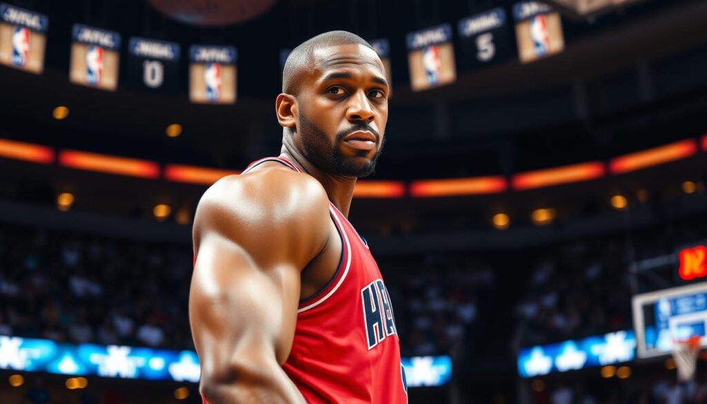 A professional basketball player, Chris Paul, stands tall and confident on the basketball court, his expression focused and determined. The background is a blur of cheering fans and the bright lights of the arena, creating a sense of energy and excitement. The lighting is dramatic, casting shadows and highlights that accentuate Paul's muscular physique and the dynamic movement of the game. The camera angle is slightly elevated, giving a sense of Paul's towering presence and the magnitude of his achievements. The overall atmosphere conveys the thrill and prestige of Chris Paul's successful career in the NBA.