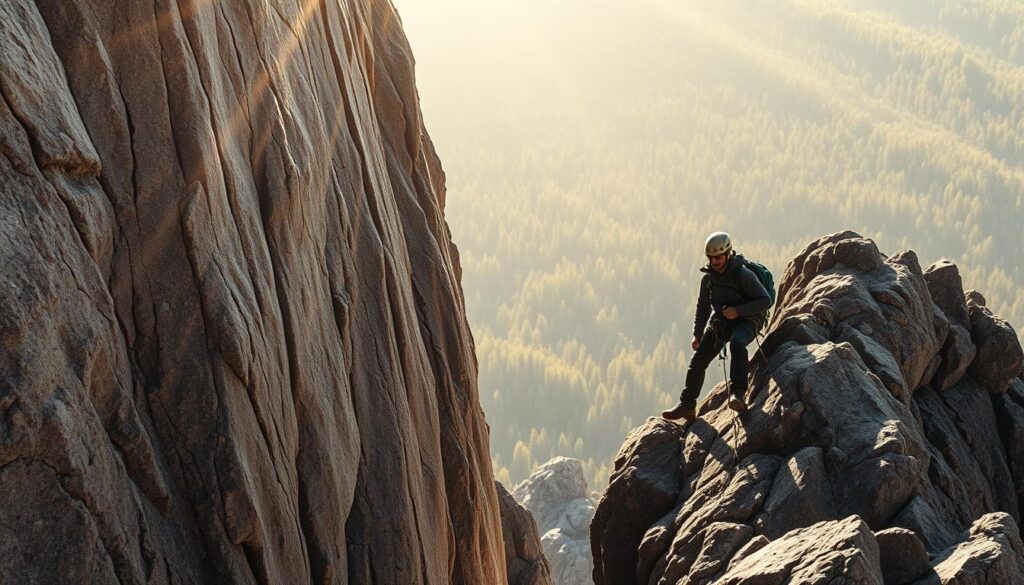 A rugged mountain landscape, with a towering rock face dominating the scene. A determined climber, clad in specialized gear, carefully ascends the treacherous cliff, their movements precise and focused. Beams of warm, golden light filter through the cracks and crevices, casting dramatic shadows that accentuate the climber's determination. In the distance, a lush, verdant forest serves as a backdrop, hinting at the challenges and rewards of the sport of rock climbing. The atmosphere is one of focus, discipline, and the pursuit of excellence, capturing the essence of the strategic preparation required for a successful Sea Games competition.