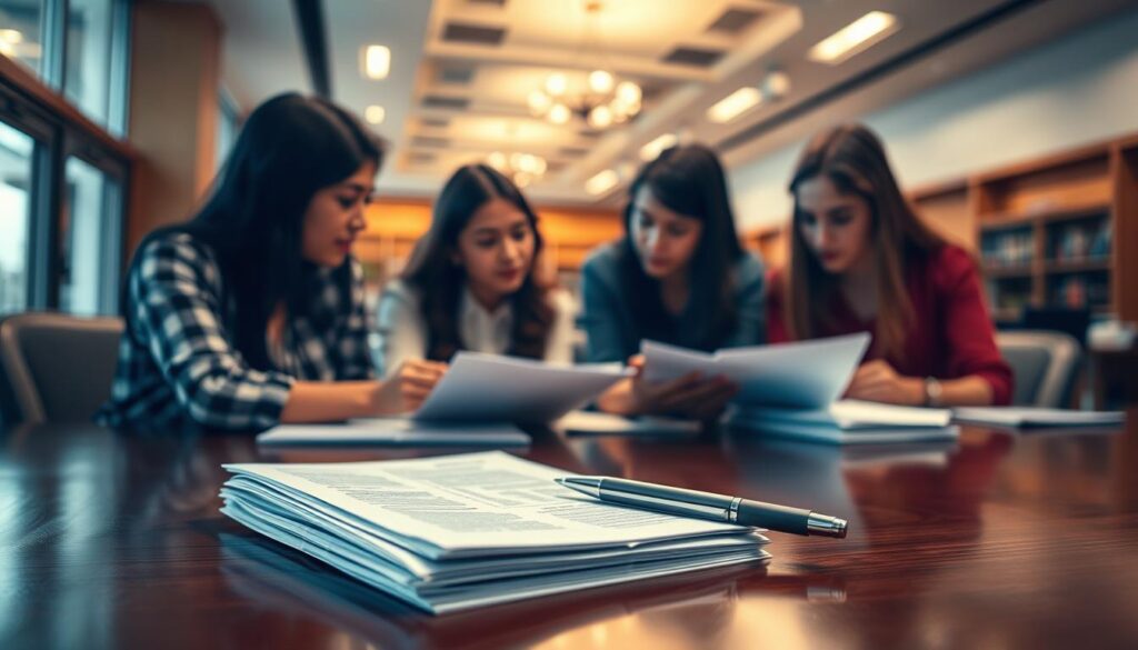 A serene academic setting, with students diligently reviewing scholarship application materials under the warm glow of overhead lighting. In the foreground, a stack of documents and a pen resting on a polished wooden desk, symbolizing the meticulous process of selection. In the middle ground, a group of focused individuals engaged in thoughtful discussion, their expressions conveying the gravity of the decision at hand. The background fades into a softly blurred, professional environment, hinting at the high-stakes nature of the scholarship competition. The overall mood is one of contemplation, dedication, and the pursuit of academic excellence.