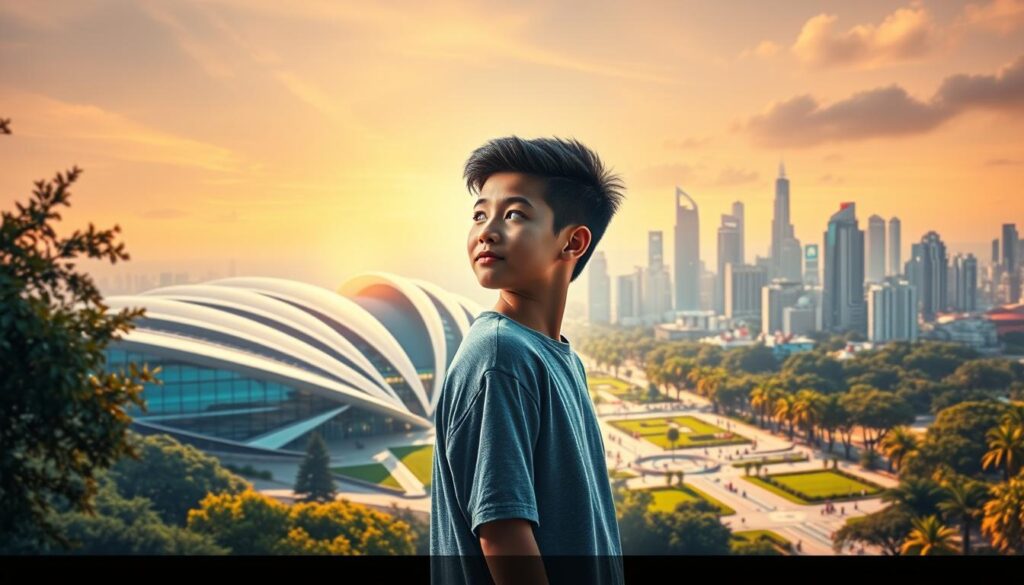 A serene digital landscape showcases a scholarship program, illuminated by a warm, soft lighting that creates a sense of hope and opportunity. In the foreground, a young student stands in contemplation, their face radiating determination as they consider the possibilities before them. The middle ground features a sleek, futuristic university campus, its modern architecture and lush greenery symbolizing the cutting-edge, tech-savvy nature of the program. In the background, a vibrant cityscape teeming with skyscrapers and bustling activity represents the dynamic, rapidly evolving digital era. The overall scene conveys the idea of a transformative, forward-thinking scholarship that empowers talented individuals to thrive in the digital age.