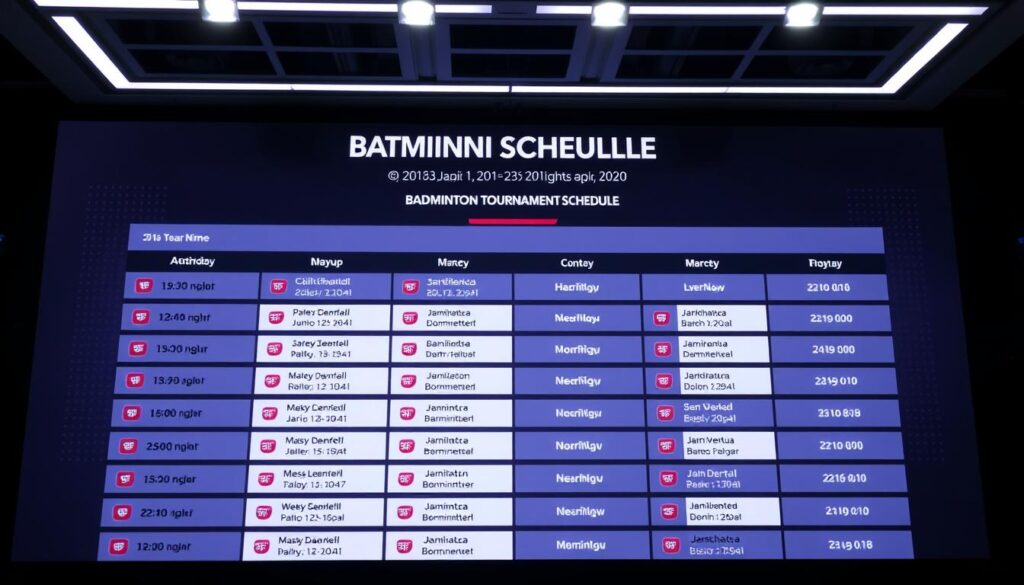 A sleek, high-contrast badminton tournament schedule, displayed on a modern, minimalist interface. The foreground features a clean grid layout showcasing match details, player names, and match times in a clear, legible typeface. The background has a subtle gradient or textured pattern, lending a sense of depth and sophistication. Bright, evenly distributed lighting casts a professional, televised atmosphere, while the camera angle is slightly elevated to provide an organized, bird's-eye view of the schedule. The overall mood is one of precision, dynamism, and anticipation for the upcoming badminton event.