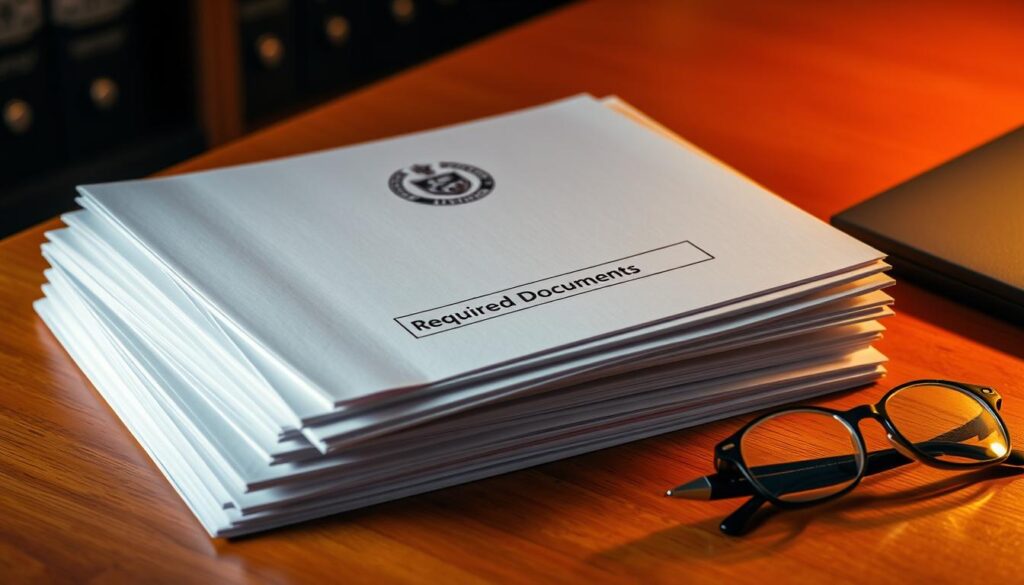 A stack of official-looking documents and folders arranged neatly on a wooden desk, illuminated by warm, directional lighting. The documents feature university crests, seals, and labels indicating "Scholarship Application" and "Required Documents". A pen and glasses rest nearby, suggesting an academic or administrative setting. The overall mood is one of professionalism, organization, and attention to detail, reflecting the important nature of the scholarship application process.