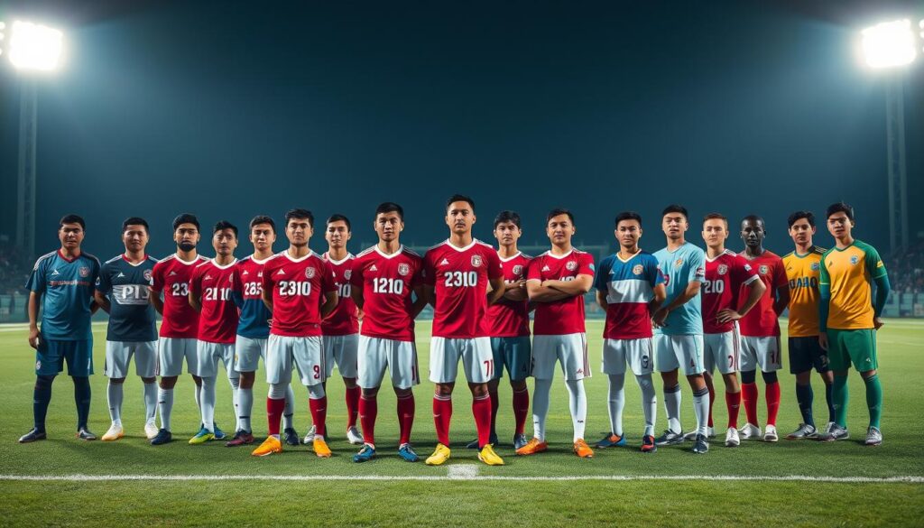 A team of Indonesian national football players standing proudly on a well-lit football pitch, surrounded by a diverse group of foreign players from various nationalities. The Indonesians, in their iconic red and white uniforms, exude a sense of unity and determination, while the international players, in their distinct jerseys, create a multicultural atmosphere. The background is blurred, allowing the focus to remain on the players, capturing the essence of the 2025 Super League season where local and foreign talent converge to elevate the sport in Indonesia.