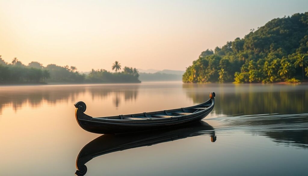 A tranquil scene of a traditional "simbol-pacu-jalur" canoe gliding across a serene, mirror-like lake. The canoe's elegant curves and intricate carvings are illuminated by soft, diffused natural lighting, casting warm reflections on the still water surface. In the background, lush, verdant foliage lines the shores, creating a sense of peaceful seclusion. The overall atmosphere evokes a deep connection between the watercraft, the natural environment, and the harmonious relationship between man and nature that is central to the "Aura Farming" cultural tradition.