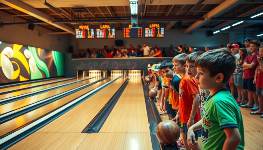 A vibrant and dynamic bowling tournament scene, capturing the excitement of the "Junior Bowling Competition Category 2025". The image depicts a modern bowling alley with sleek, well-lit lanes, the pins set up in perfect formation. In the foreground, a group of young bowlers, clad in colorful jerseys, prepare to take their shots, their faces filled with determination. The middle ground showcases the scoreboard, displaying the standings and scores, adding to the competitive atmosphere. The background is filled with spectators, their faces alight with enthusiasm, cheering on the young athletes. The lighting is warm and inviting, creating a sense of energy and anticipation. The camera angle is positioned to provide a dynamic, immersive view of the event, capturing the essence of the junior bowling competition.