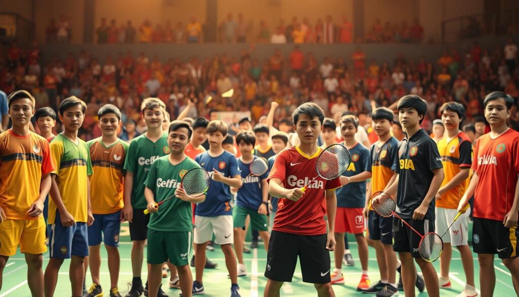 A vibrant gathering of youthful badminton players from diverse nations, their uniforms in bold colors, poised with rackets in hand, ready to showcase their skills on the international stage. The scene is bathed in warm, golden light, creating a sense of energy and excitement. In the foreground, players from various countries stand tall, their faces determined yet exuding a spirit of camaraderie. The middle ground features a dynamic arrangement of players in motion, their fluid movements captured in a burst of action. In the background, a blurred audience cheers, creating a sense of anticipation and grandeur. The overall composition conveys the thrill and prestige of the Jaya Raya Junior Grand Prix 2025, a testament to the rising talents of the junior badminton world.