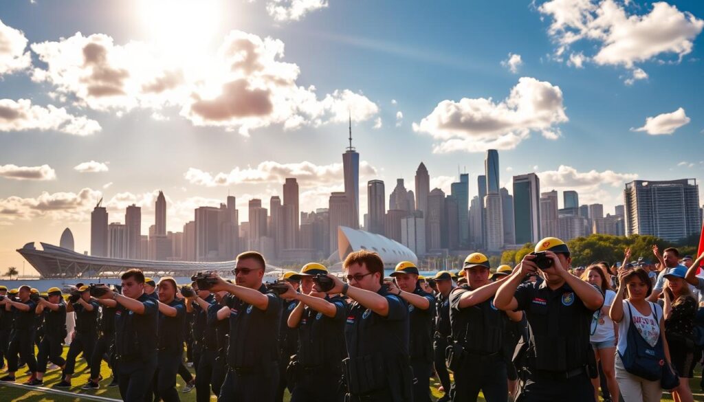 A vibrant scene of the World Police And Fire Games 2025, set against a backdrop of a bustling city skyline. In the foreground, a group of athletes in their uniforms, engaged in various sporting activities - from high-intensity obstacle courses to precision target shooting. The middle ground features spectators cheering enthusiastically, their faces alight with excitement. Overhead, a crisp blue sky with scattered clouds, illuminated by warm, golden sunlight that casts a glow over the entire scene. The atmosphere is one of camaraderie, determination, and the celebration of the physical and mental prowess of those who protect and serve their communities.