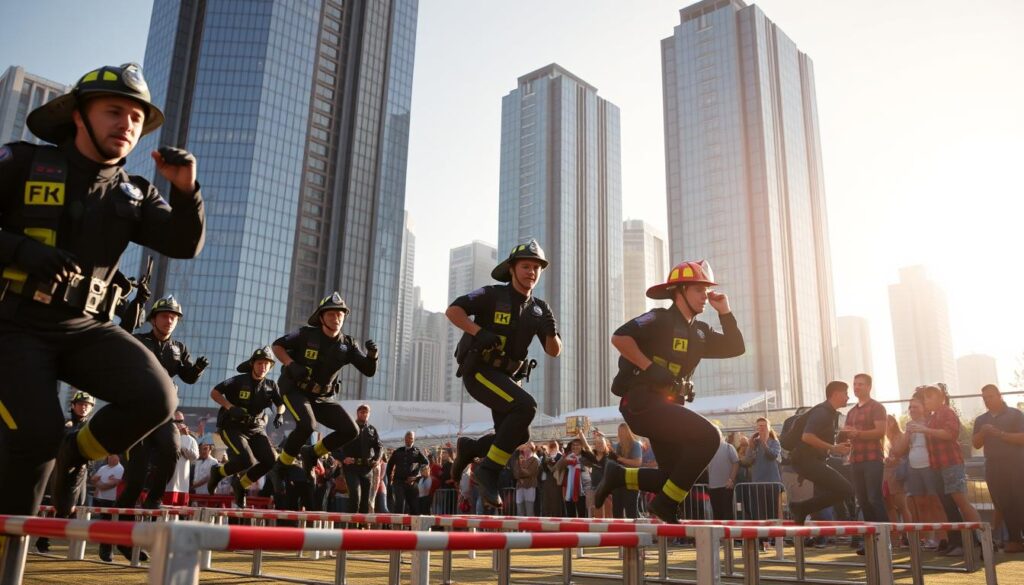 Partisipasi police fire games: A dynamic scene of firefighters and police officers engaged in a series of competitive events, held against a backdrop of a bustling city skyline. The foreground features athletes in full uniform sprinting, climbing, and maneuvering through obstacle courses, showcasing their agility and strength. In the middle ground, spectators cheer and encourage the participants, creating an atmosphere of camaraderie and excitement. The background is dominated by towering skyscrapers, their glass facades reflecting the sunlight and adding a sense of modernity to the setting. The lighting is bright and natural, casting long shadows and highlighting the determination of the competitors. The overall mood is one of celebration, as the police and fire services come together to demonstrate their skills and celebrate their shared commitment to public safety.