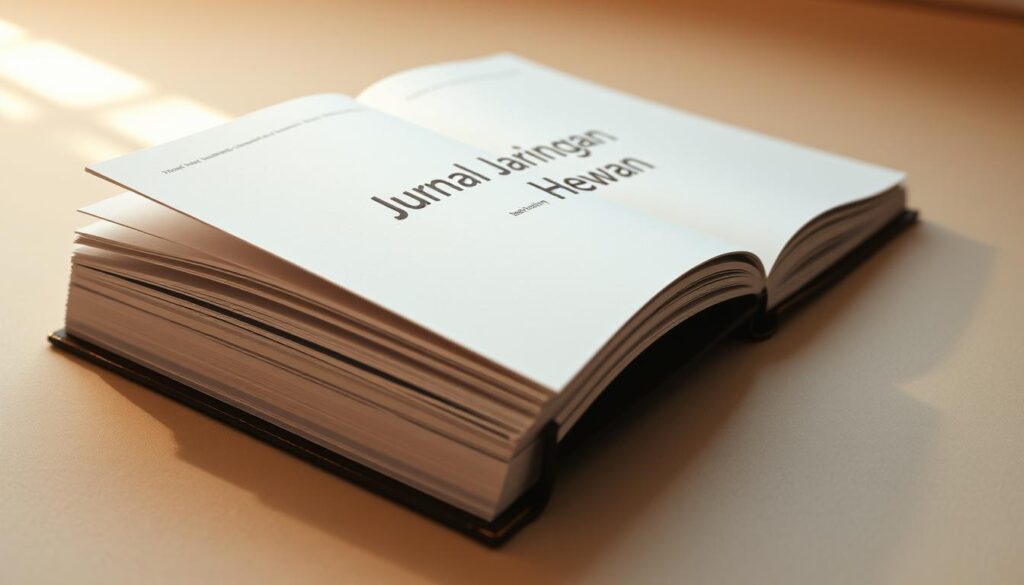 A close-up view of an open academic journal with the title "Jurnal Jaringan Hewan" prominently displayed on the cover, the pages crisp and inviting. The journal's spine is visible, showcasing its professional binding. The image is bathed in warm, diffused lighting, creating a scholarly and authoritative atmosphere. The journal is positioned on a clean, neutral-colored surface, allowing it to take center stage. The overall composition conveys a sense of accessibility and the journal's value as a comprehensive reference for animal biology.