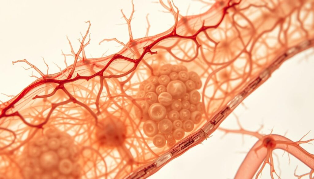 A detailed cross-section of various animal tissues and cellular networks, captured with a high-resolution microscope lens. The foreground showcases intricate webs of nerve fibers, blood vessels, and connective tissues, bathed in a warm, diffused lighting that accentuates their delicate structures. In the middle ground, clusters of specialized cells, such as muscle fibers and glandular tissues, are arranged in an organized pattern, hinting at the complex physiological functions they support. The background fades into a softly blurred, neutral backdrop, allowing the viewer to focus on the fascinating intricacies of the animal's internal architecture. The overall impression conveys a sense of scientific exploration and the profound insights that can be gained through the study of animal networks and biological systems.
