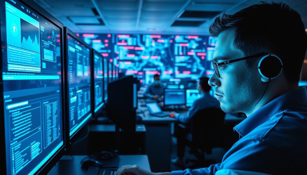 A high-tech cybersecurity operations center, with sleek computer monitors displaying real-time threat detection data. In the foreground, a security analyst intently studying the screens, their face illuminated by the blue-tinted lighting. In the middle ground, rows of workstations occupied by a team of experts, their eyes fixed on their tasks. The background showcases a dynamic visual representation of network traffic and security alerts, pulsing with energy and urgency. The scene conveys a sense of vigilance, professionalism, and the critical importance of building a robust cybersecurity portfolio and practical experience.