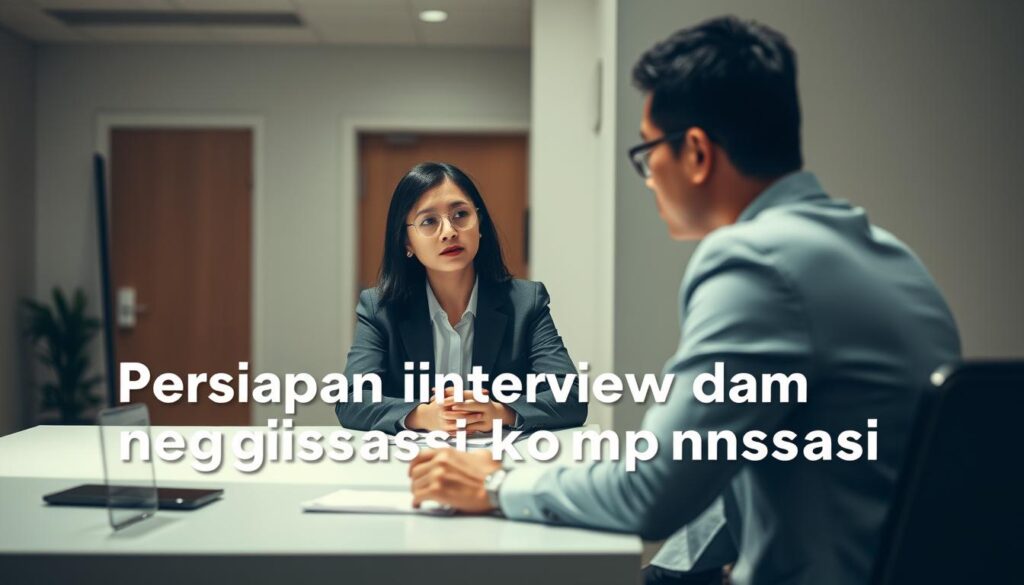 A professional-looking individual sits at a desk, engaged in a serious discussion during a job interview. The lighting is soft and directional, creating depth and shadows that highlight the subject's face and body language. The background is a modern, minimalist office setting, with a neutral color palette and clean lines that draw the eye to the central figure. The overall atmosphere conveys a sense of focus, tension, and the high stakes of the interview process, reflecting the "Persiapan interview dan negosiasi kompensasi" section of the article.