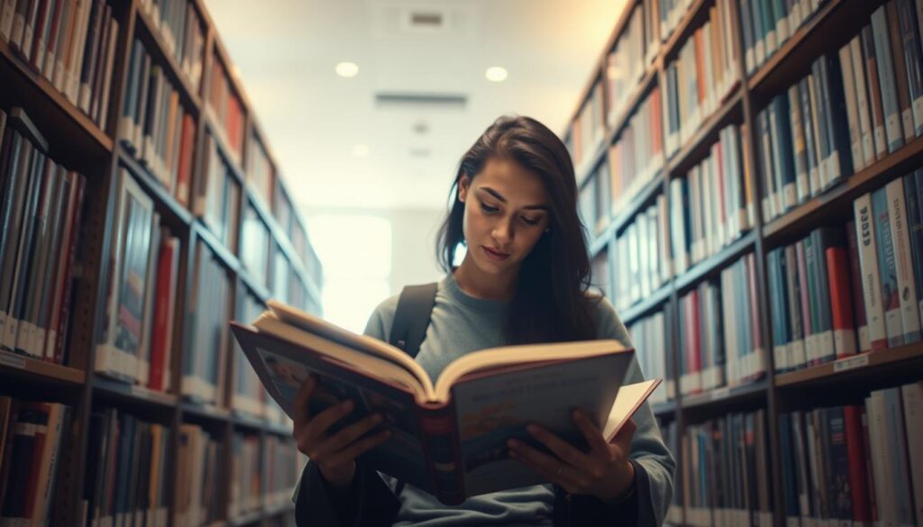 A student intently studying academic texts and reference materials in the serene, well-lit university library. The scene depicts a focused, focused research process, with the subject surrounded by neatly organized shelves of books and periodicals. Soft, warm lighting creates a contemplative atmosphere, while the camera angle provides an immersive, eye-level perspective that draws the viewer into the research experience. The overall impression is one of diligence, concentration, and the pursuit of knowledge within the scholarly setting of the campus library.