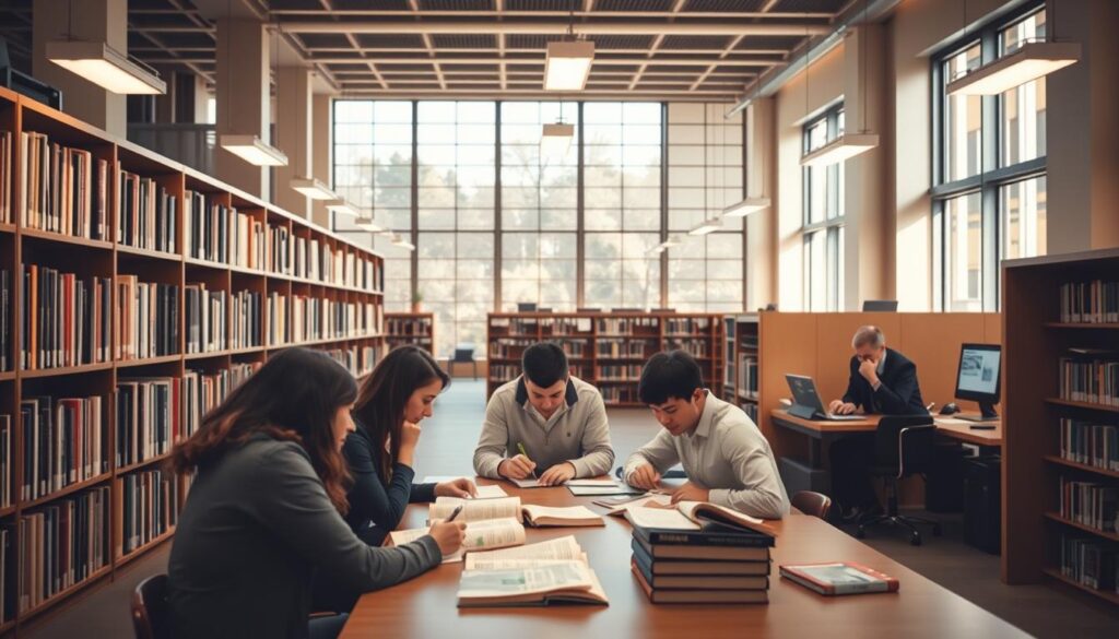 A university library interior, bathed in warm, diffused lighting from large windows. In the foreground, a group of students gathered around a table, intently studying reference materials and taking notes. The middle ground features rows of bookshelves, their spines conveying a sense of scholarly knowledge. In the background, a researcher sits at a computer terminal, accessing digital resources. The atmosphere is one of focused concentration and intellectual pursuit, reflecting the section's theme of optimally utilizing campus library resources.