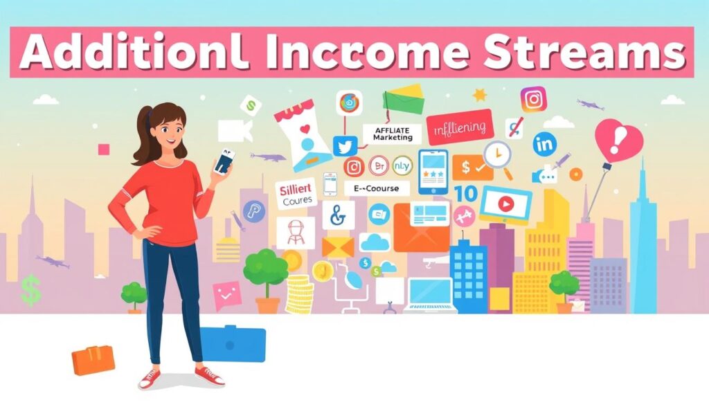 A vibrant and dynamic scene depicting various additional income streams for influencers. In the foreground, a social media influencer stands confidently, surrounded by a range of digital devices and platforms - a smartphone, a laptop, and various social media icons. In the middle ground, a collage of revenue-generating activities unfolds, including sponsored content, affiliate marketing, e-commerce, and online courses. The background features a stylized cityscape, symbolizing the urban, tech-savvy environment in which influencers thrive. The overall composition conveys a sense of opportunity, innovation, and the multifaceted nature of an influencer's diverse income sources.