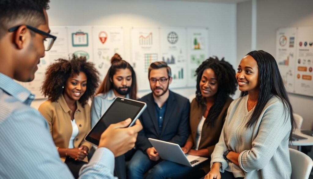 A diverse group of professional individuals engaged in digital literacy skills training. In the foreground, a facilitator holds a tablet, demonstrating essential digital tools and resources to an attentive audience. The middle layer features learners of various ethnicities, focused and taking notes, with laptops open in front of them. The background showcases a modern, well-lit training room filled with whiteboards and posters illustrating digital concepts such as cybersecurity, coding, and data analysis. Soft, ambient lighting creates an inclusive atmosphere, with a slight lens blur effect on the background to emphasize the participants. The overall mood is one of empowerment and collaboration, conveying the importance of digital literacy in the age of AI.