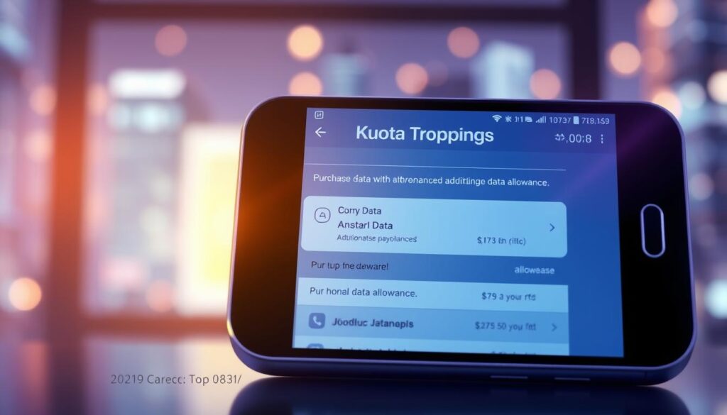 A high-resolution digital illustration showcasing a mobile device's screen displaying a "Kuota Topping" interface. The screen is illuminated with a soft, warm lighting, creating a pleasant, inviting atmosphere. The interface features clean, modern design elements with intuitive controls and options for purchasing additional data allowances. The device is positioned in the foreground, with a blurred background hinting at a city skyline or technology-centric environment. The overall composition conveys a sense of empowerment and efficiency in managing one's mobile data usage. A high-resolution digital illustration showcasing a mobile device's screen displaying a "Kuota Topping" interface. The screen is illuminated with a soft, warm lighting, creating a pleasant, inviting atmosphere. The interface features clean, modern design elements with intuitive controls and options for purchasing additional data allowances. The device is positioned in the foreground, with a blurred background hinting at a city skyline or technology-centric environment. The overall composition conveys a sense of empowerment and efficiency in managing one's mobile data usage.
