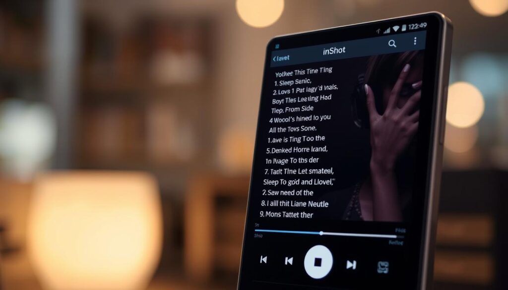 A sleek and modern music player interface with a focus on the "inShot" branding. The player's control panel is prominently displayed, showcasing its various functionalities such as the equalizer, playback controls, and sleep timer. The background features a blurred and softly lit environment, creating a serene and relaxing atmosphere. The lyrical content of the song being played is dynamically displayed on the screen, providing an immersive experience for the user. The overall composition emphasizes the comprehensive features and user-friendly design of the inShot music player. A sleek and modern music player interface with a focus on the "inShot" branding. The player's control panel is prominently displayed, showcasing its various functionalities such as the equalizer, playback controls, and sleep timer. The background features a blurred and softly lit environment, creating a serene and relaxing atmosphere. The lyrical content of the song being played is dynamically displayed on the screen, providing an immersive experience for the user. The overall composition emphasizes the comprehensive features and user-friendly design of the inShot music player.