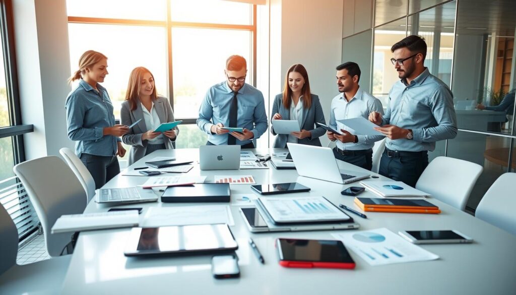 A vibrant office setting representing "Digital Literacy Enhancement Strategies." In the foreground, a diverse group of three professionals, one woman and two men, dressed in smart casual attire, are engaged in an animated discussion while reviewing digital devices and charts. In the middle, various digital tools like laptops, tablets, and smartphones are spread out on a sleek conference table, showcasing data analytics and educational resources. The background features a large window with natural light streaming in, casting a warm glow over the scene. The atmosphere is collaborative and inspiring, highlighting the importance of improving digital skills in a modern workplace. Capture the image from a slightly elevated angle to give a comprehensive view of the setting.