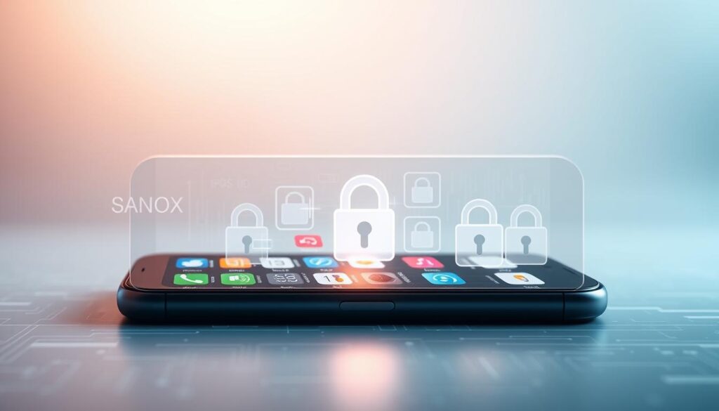 A visually striking digital representation of the iOS sandboxing concept, featuring a smartphone with a sleek design, displaying various app icons in a protective, transparent barrier. In the foreground, highlight security symbols like a padlock and shield to emphasize data protection. The middle ground showcases a stylized user interface with fragmented data streams and locked folders, illustrating how sensitive information is isolated within apps. The background should depict a soft gradient with abstract representations of data flow, blending seamlessly to give a technological atmosphere. The lighting should be soft and diffused, enhancing the overall feel of security and innovation, with a slight focus on the smartphone, shot from a dynamic angle to create depth and engagement. No text, watermarks, or additional elements should be present. A visually striking digital representation of the iOS sandboxing concept, featuring a smartphone with a sleek design, displaying various app icons in a protective, transparent barrier. In the foreground, highlight security symbols like a padlock and shield to emphasize data protection. The middle ground showcases a stylized user interface with fragmented data streams and locked folders, illustrating how sensitive information is isolated within apps. The background should depict a soft gradient with abstract representations of data flow, blending seamlessly to give a technological atmosphere. The lighting should be soft and diffused, enhancing the overall feel of security and innovation, with a slight focus on the smartphone, shot from a dynamic angle to create depth and engagement. No text, watermarks, or additional elements should be present.