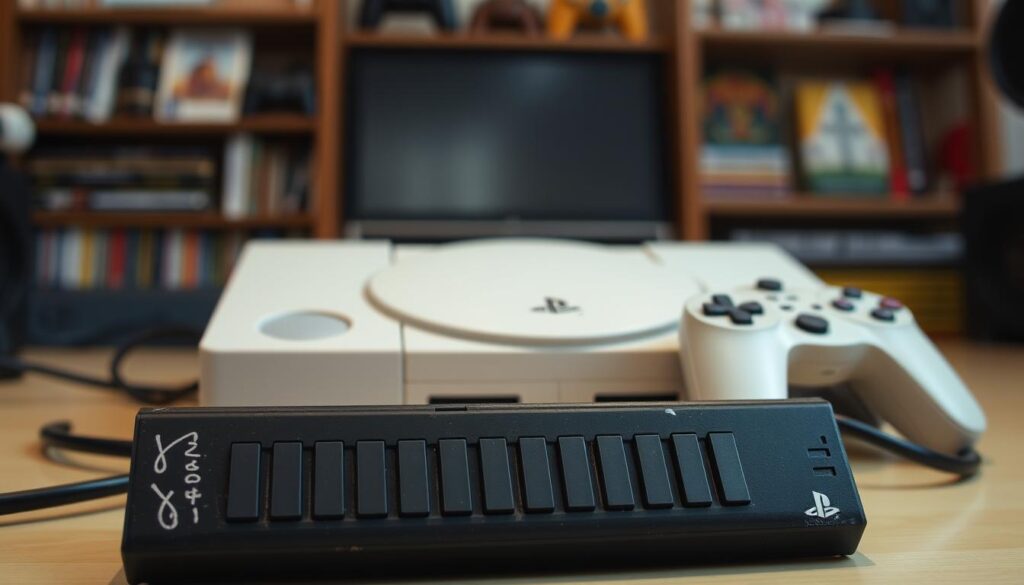 A PlayStation 1 memory card prominently displayed in the foreground, showcasing its iconic black design and 15 slot blocks, detailed with slight wear and age. The middle ground features a classic white PlayStation console angled to highlight its compatibility with the memory card, surrounded by cables and the original controller. In the background, a softly lit gaming room ambiance with a vintage gaming setup, including shelves lined with PS1 game cases and nostalgic collectibles. The lighting is warm and inviting, creating a sense of nostalgia. The image should be captured from a slightly elevated angle, emphasizing the importance of the memory card in the gaming experience, evoking a mood of reminiscence and connection to classic gaming.