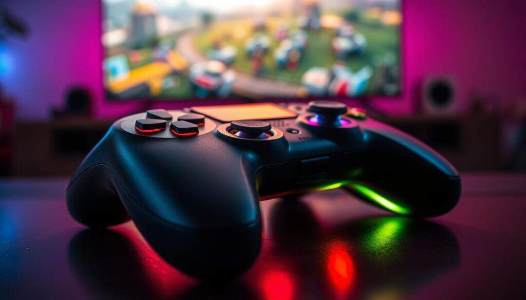 A close-up view of a modern gaming controller, showcasing its sleek design with vibrant LED lights emanating from the buttons. The controller, positioned centrally in the foreground, features a textured grip and ergonomic buttons. In the middle ground, a blurred gaming setup is visible, highlighting a high-resolution television screen displaying an immersive game scene with dynamic colors. The background is softly lit, creating a cozy gaming atmosphere, while subtle reflections on a polished surface add depth. The overall mood is energetic and inviting, capturing the excitement of gaming experiences. The lighting should be slightly dramatic, emphasizing the controller as the focal point. No text or watermarks are present in this captivating image.