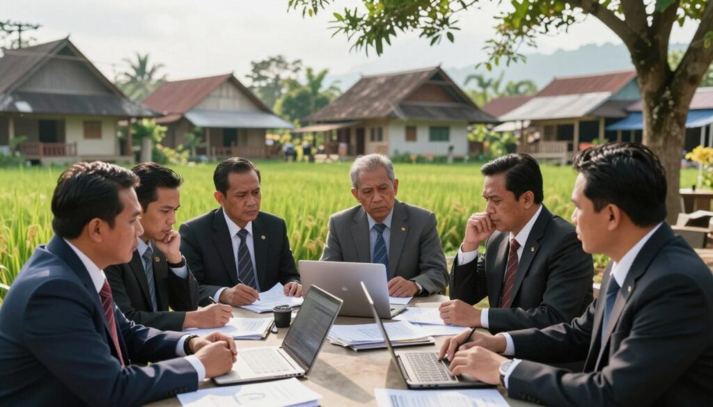 A detailed scene depicting the concept of "KUR fiktif Malang," featuring a rural village meeting. In the foreground, a group of five officials in professional business attire, engaged in deep discussion around a table cluttered with documents and laptops, visibly concerned about financial discrepancies. The middle of the image shows a rustic village setting with traditional houses and green rice fields, suggesting a contrast between the serene environment and the serious issue at hand. In the background, soft sunlight filters through trees, casting shadows and creating a tense yet hopeful atmosphere. The image should evoke a sense of urgency and concern regarding financial corruption while maintaining a professional and respectful demeanor throughout.