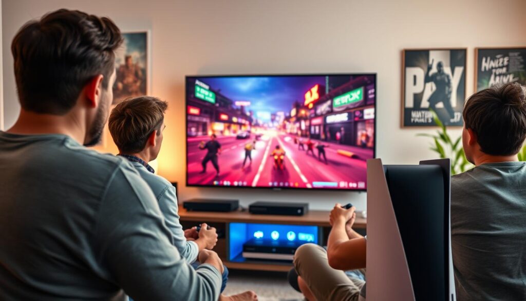 A dynamic living room scene showcasing a group of friends engaged in online multiplayer gaming on a modern console, featuring both an Xbox Series X and a PS5 prominently displayed on a sleek entertainment unit. In the foreground, the friends, dressed in casual yet modest clothing, are intensely focused on the large flat-screen TV, displaying an action-packed game scene. The middle ground captures the vibrant light emitted from the consoles and the screen, casting a warm glow around the room. The background features stylish decor, such as gaming posters and LED lights, that highlight the gaming theme. Use soft ambient lighting to create an inviting atmosphere, focusing on a slightly angled view to enhance depth, while maintaining a clear, engaging composition.