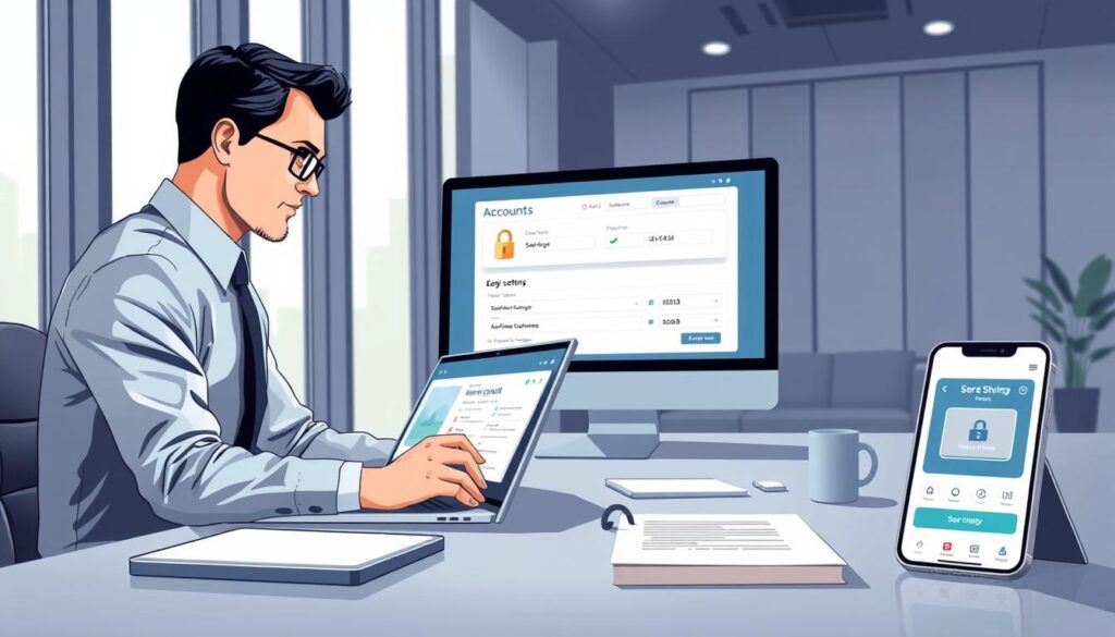 A focused illustration of an online shopping account management scene, set in a sleek, modern office environment. In the foreground, a professional man in business attire sits at a desk, intently analyzing data on a laptop screen displaying account details and security settings. In the middle ground, an organized workspace with a notepad and a smartphone showing a shopping app, emphasizing user-friendly design. The background features large windows letting in soft, natural light, enhancing the atmosphere of productivity and security. The overall mood is calm and focused, highlighting the importance of account management and authentication in online shopping. Use a slightly angled perspective to capture depth and engage the viewer.