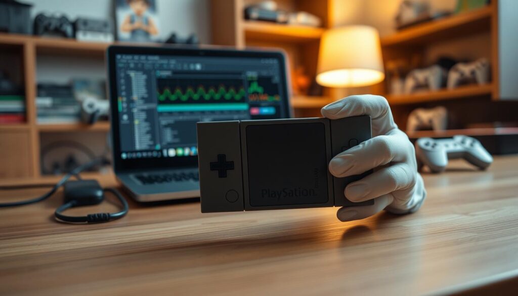 A focused scene of a PlayStation 1 memory card being carefully examined on a wooden desk. In the foreground, a hands-on approach, with a pair of gentle, gloved hands delicately holding the memory card, showcasing its 15 slot blocks. In the middle, an open laptop displays recovery software with graphs and file structures, indicating data recovery efforts. Soft, warm lighting from a nearby lamp casts a subtle glow, creating an atmosphere of hope and determination. In the background, a shelf lined with other gaming memorabilia hints at nostalgia, while blurred elements ensure the memory card remains the focal point. The overall mood conveys a sense of calm and professionalism in the face of data recovery challenges.