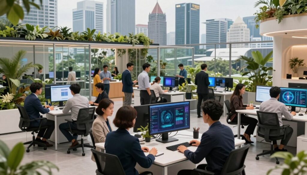 A futuristic scene depicting a bustling startup accelerator for AI technology, set within a modern urban environment in Jakarta. In the foreground, a diverse group of professionals in smart business attire collaborates around sleek, high-tech workstations, showcasing screens with data visuals and AI models. In the middle ground, glass partitions reveal additional teams brainstorming and innovating in open areas, surrounded by greenery and sustainable design elements. The background features the iconic Jakarta skyline, blending traditional architecture with cutting-edge skyscrapers. Soft natural lighting filters through large windows, creating an inspiring and productive atmosphere, with a focus on vibrant colors that evoke creativity and innovation. The overall mood is energetic and forward-thinking, reflecting a commitment to technology and sustainability.