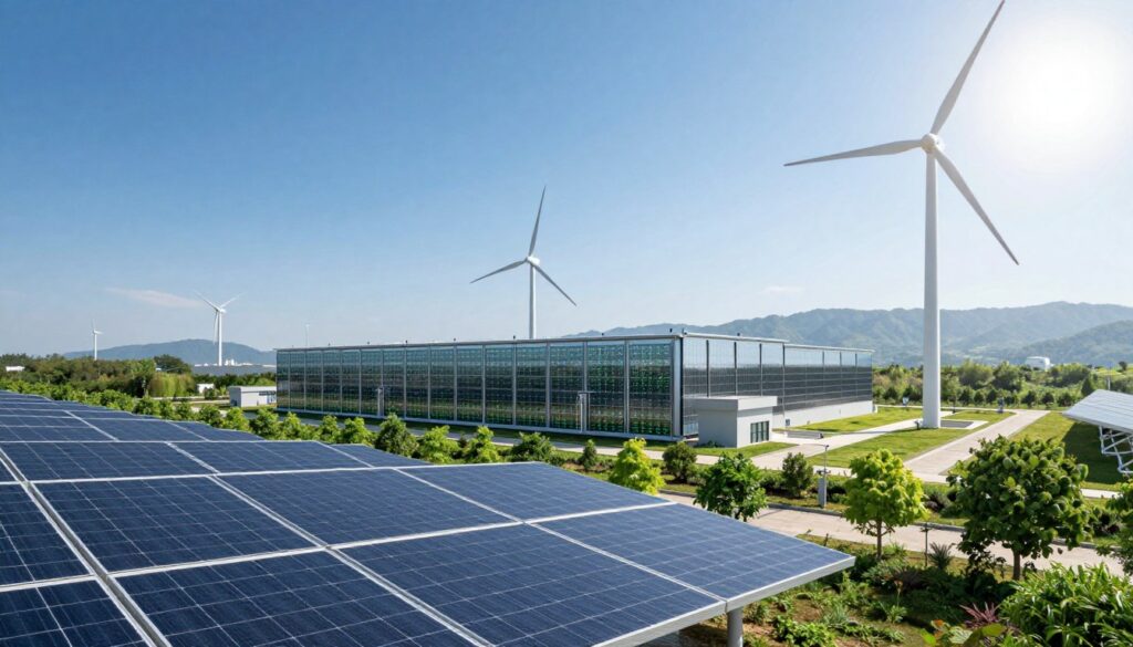 A modern renewable energy facility showcasing energy solutions, with solar panels and wind turbines in the foreground under a clear blue sky. In the middle ground, a sleek data center reflects advanced green technology, surrounded by lush greenery to signify sustainability. The background includes distant mountains and a bright sun illuminating the scene, highlighting the need for eco-friendly energy consumption. Use a dynamic angle to capture the scale of the facility, with soft, natural lighting to create an optimistic and innovative atmosphere. The image should emphasize harmony between technology and nature, representing the transition to green energy solutions in a corporate context. No text, logos, or human figures should be included.