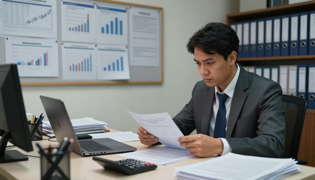 A professional audit scene set in the APBKal Wonokromo office, showcasing a diligent auditor reviewing financial documents related to a suspected embezzlement case worth billions. In the foreground, a focused auditor in business attire sits at a cluttered desk filled with papers, a calculator, and a laptop, illuminated by soft overhead lighting. The middle ground features charts and graphs pinned on a bulletin board, hinting at financial discrepancies and a sense of urgency. In the background, the office walls display organized shelves filled with folders, creating a serious and meticulous atmosphere. Capture the mood of tension and inquiry, emphasizing the importance of accountability in local governance. The camera angle should be slightly angled to add depth and draw attention to the details of the audit process.