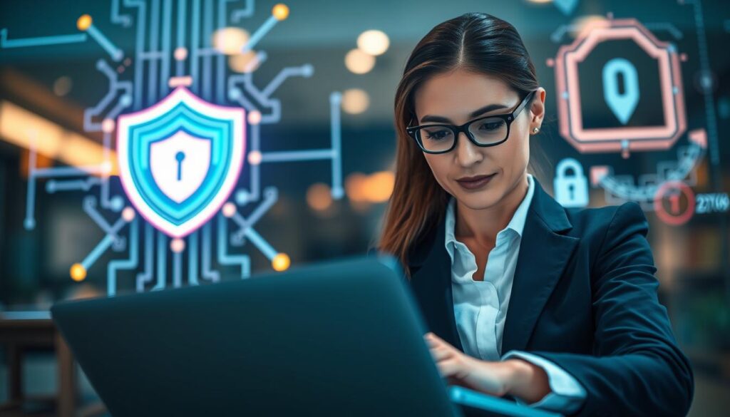 A serene and secure online shopping environment, showcasing a modern digital interface with vibrant icons representing financial data protection. In the foreground, a confident businesswoman in professional attire, focused on her laptop, illustrates the importance of data privacy. The middle ground features a digital shield symbolizing security, illuminated by soft, warm lighting, conveying a sense of safety. In the background, abstract representations of data streams and encrypted symbols blur gently for a technological feel. The overall mood is reassuring and professional, emphasizing the protection of personal and financial information during online shopping. The angle is eye-level, capturing both the intensity of the businesswoman's concentration and the digital world surrounding her.