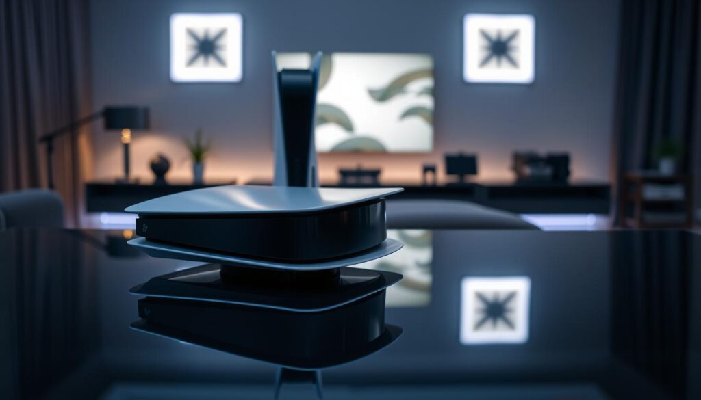 A sleek and modern PS5 Slim console is prominently featured in the foreground, showcasing its refined curves and reduced dimensions compared to the original PS5 model. The console is placed on a minimalist, glossy black table that reflects its surface, enhancing the contemporary feel. In the middle background, a blurred gaming setup is subtly suggested, with a dimly lit room adorned with ambient LED lighting to create a gaming atmosphere. The lighting casts soft shadows, emphasizing the console's design elements. The angle is slightly elevated, showcasing the console's front and side profiles. The overall mood is one of sophistication and innovation, highlighting the physical changes in the design that make it an attractive option for gamers. The image is free of any text or branding.