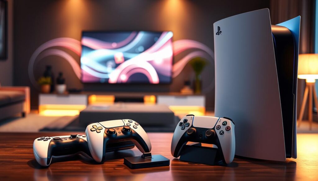 A sleek and modern PS5 console, showcased prominently in the foreground, smooth black and white design with elegant curves and LED lights glowing softly. Next to it, a collection of high-quality accessories such as custom controllers and a stylish charging dock, arranged neatly to display their vibrant colors and features. In the middle ground, a blurred outline of a home entertainment setup, with a large television screen and soft ambient lighting creating a cozy gaming atmosphere. The background features a subtle abstract pattern that suggests technology and innovation. Use warm lighting for a welcoming feel, with a shallow depth of field to draw attention to the PS5 and accessories. The overall mood is inviting and contemporary, ideal for gaming enthusiasts.